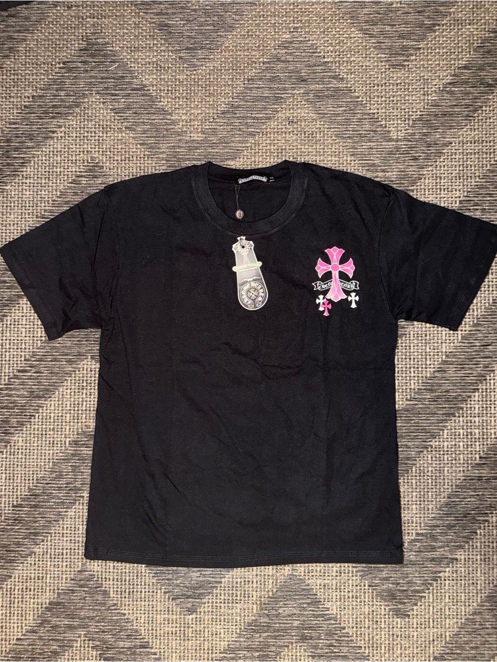 S Chrome Hearts Pink Scripted Logo Black Tee